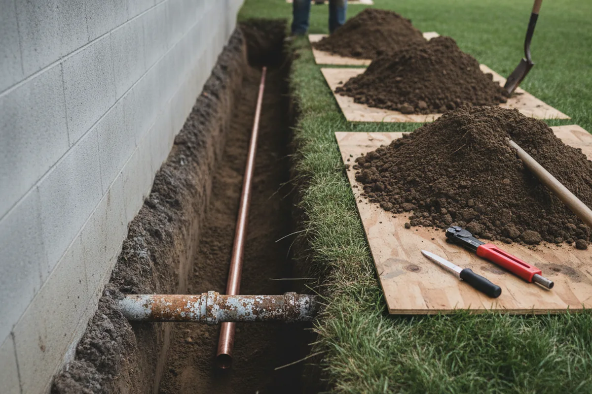 Excavated water line trench during Water Heater Repair in Wiggins